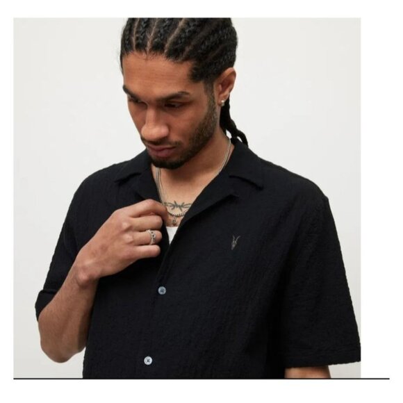 Allsaints Mens Black Mattole Ramskull Camp Shirt XL Relaxed Fit Short Sleeve - Picture 2 of 12
